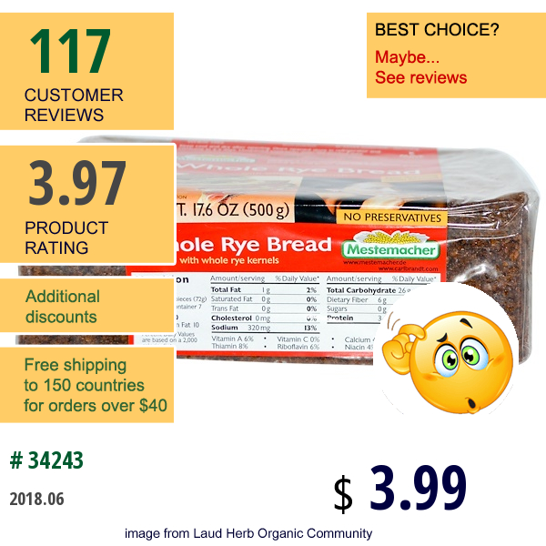 Mestemacher, Whole Rye Bread, 17.6 Oz (500 G)