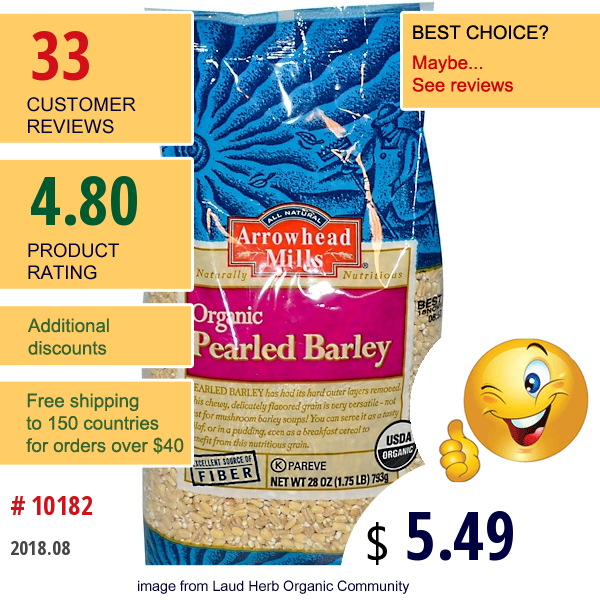 Arrowhead Mills, Organic Pearled Barley, 28 Oz (793 G)