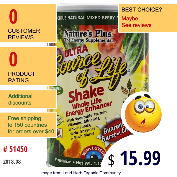 Natures Plus, Ultra Source Of Life, Shake Whole Life Energy Enhancer, Mixed Berry Flavor, 1.12 Lbs (510 G)  