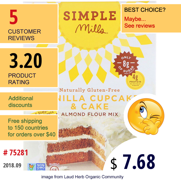 Simple Mills, Naturally Gluten-Free, Almond Flour Mix, Vanilla Cupcake & Cake , 11.5 Oz (327 G)