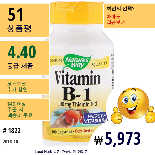 Natures Way, 비타민 B-1, 100 Mg 티아민 Hci, 100 캡슐