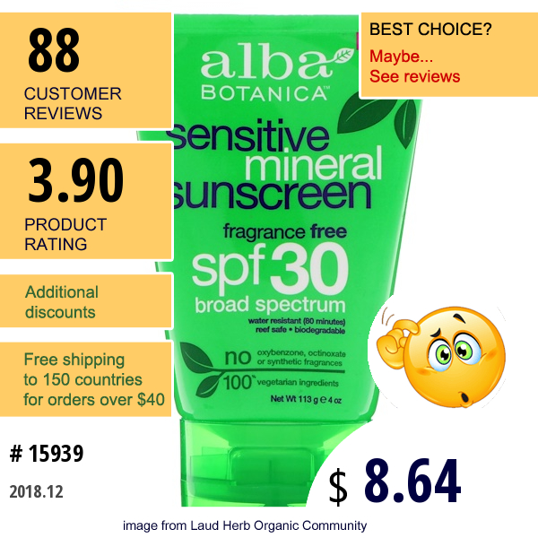 Alba Botanica, Mineral Sunscreen, Sensitive, Fragrance Free, Spf 30, 4 Oz (113 G)
