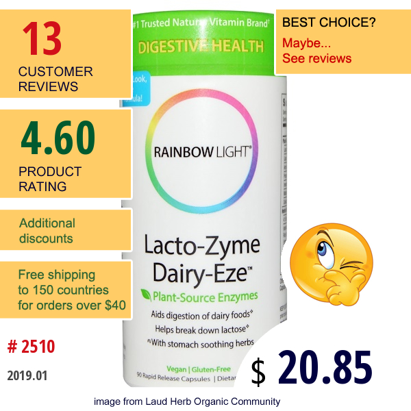 Rainbow Light, Lacto-Zyme Dairy-Eze, Plant-Source Enzymes, 90 Rapid Release Capsules  