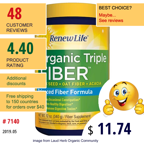 Renew Life, Organic Triple Fiber, Balanced Fiber Formula, 12 Oz (340 G)