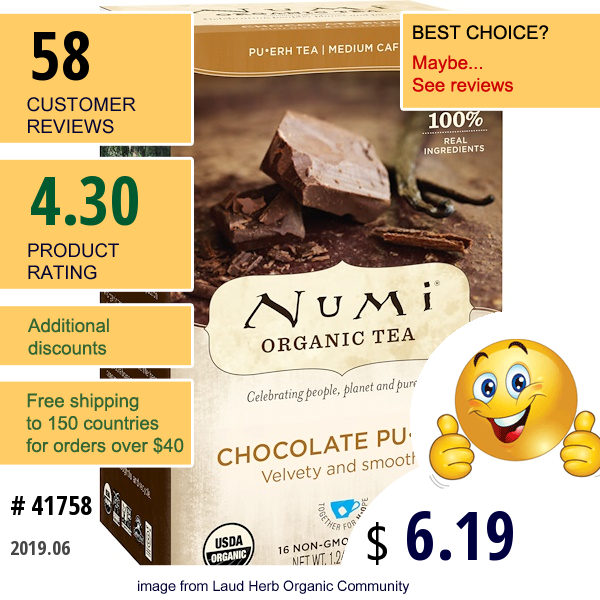 Numi Tea, Organic Tea, Pu•erh Tea, Chocolate Pu•erh, 16 Tea Bags, 1.24 Oz (35.2 G)