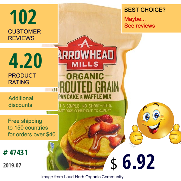 Arrowhead Mills, Organic Sprouted Grain Pancake & Waffle Mix, 1.6 Lbs (737 G)