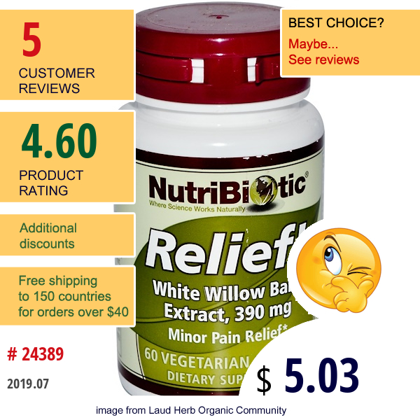 Nutribiotic, Relief!, White Willow Bark Extract, 390 Mg, 60 Veggie Caps  
