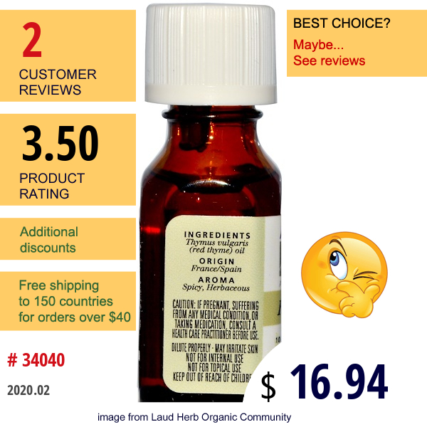 Aura Cacia, 100% Pure Essential Oil, Red Thyme, Purifying, 0.5 Fl Oz (15 Ml) Aura Cacia, 100% Pure Essential Oil, Red Thyme, Purifying, 0.5 Fl Oz (15 Ml)