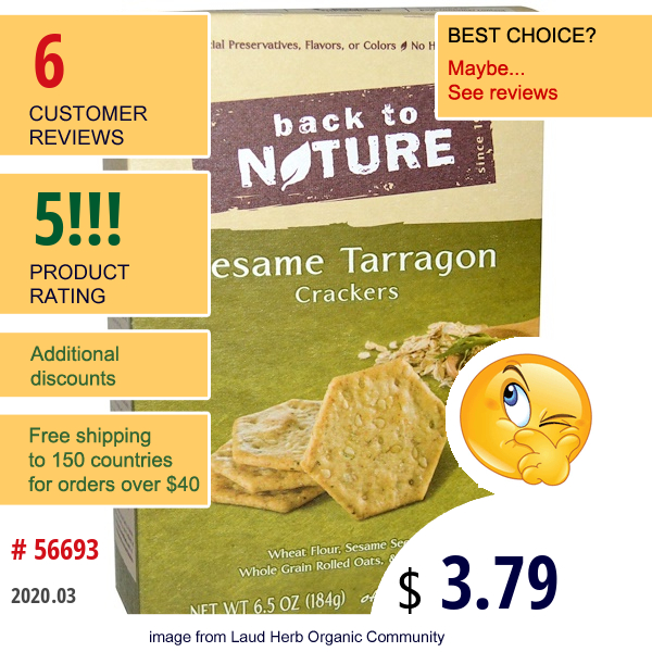 Back To Nature, Sesame Tarragon Crackers, 6.5 Oz (184 G)  