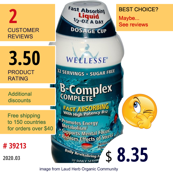 Wellesse Premium Liquid Supplements, B-Complex Complete, Blueberry Pomegranate Flavor, 16 Fl Oz (480 Ml)  