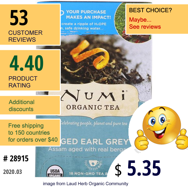 Numi Tea, Organic Tea, Black Tea, Aged Earl Grey, 18 Tea Bags (1.27 Oz (36 G)