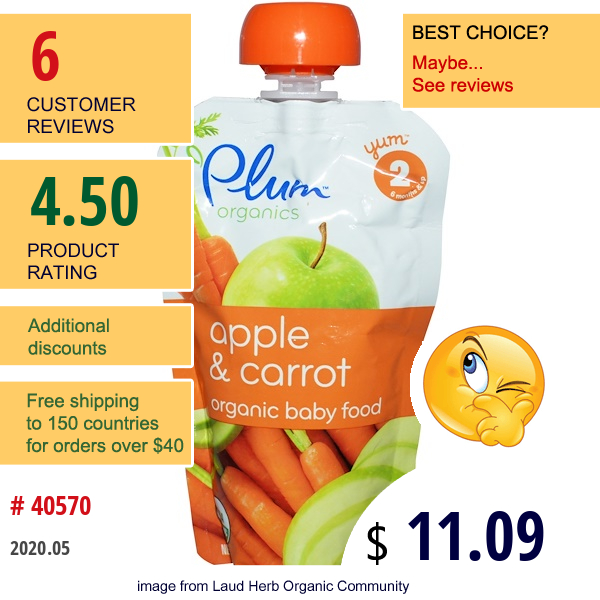 Plum Organics, Baby Food, Apple & Carrot, 6 Pouches, 4 Oz (113 G) Each  
