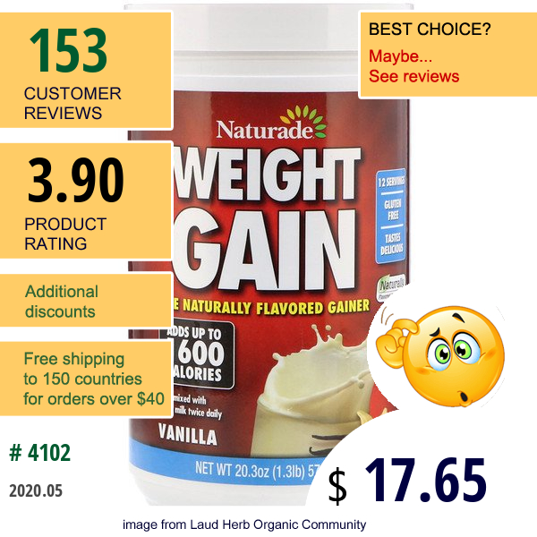 Naturade, Weight Gain, Vanilla, 1.3 Lbs (576 G)