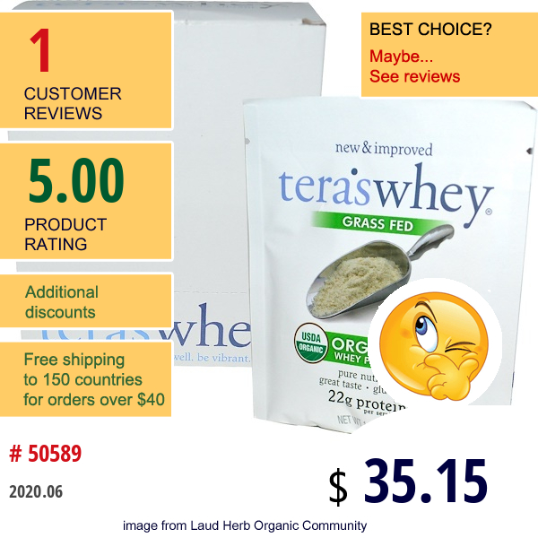 Tera'S Whey, Organic Whey Protein, Organic Plain Whey Unsweetened, 12 Packets, 1 Oz (28.4 G) Each  