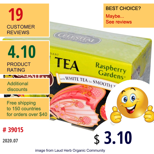 Celestial Seasonings, Green Tea With White Tea, Raspberry Gardens, 20 Tea Bags, 1.4 Oz (40 G)  