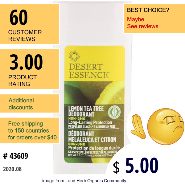 Desert Essence, Deodorant, Lemon Tea Tree, 2.5 Oz (70 Ml)