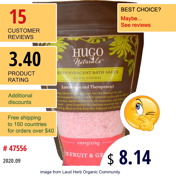 Hugo Naturals, Effervescent Bath Salts, Grapefruit & Geranium, 14 Oz (397 G)  