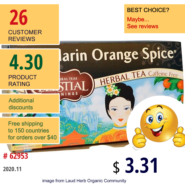Celestial Seasonings, Mandarin Orange Spice Herbal Tea, Caffeine Free, 20 Tea Bags, 1.9 Oz (54 G) Celestial Seasonings, Mandarin Orange Spice Herbal Tea, Caffeine Free, 20 Tea Bags, 1.9 Oz (54 G)