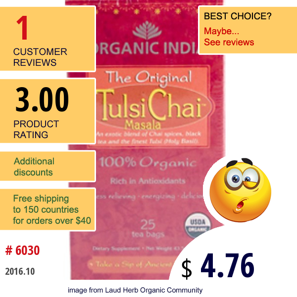 Organic India, The Original Tulsi Chai Masala, 25 Tea Bags  