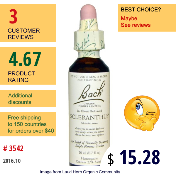 Bach, Original Flower Remedies, Scleranthus, 0.7 Fl Oz (20 Ml)