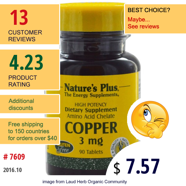 Natures Plus, Copper, 3 Mg, 90 Tablets Natures Plus, Copper, 3 Mg, 90 Tablets