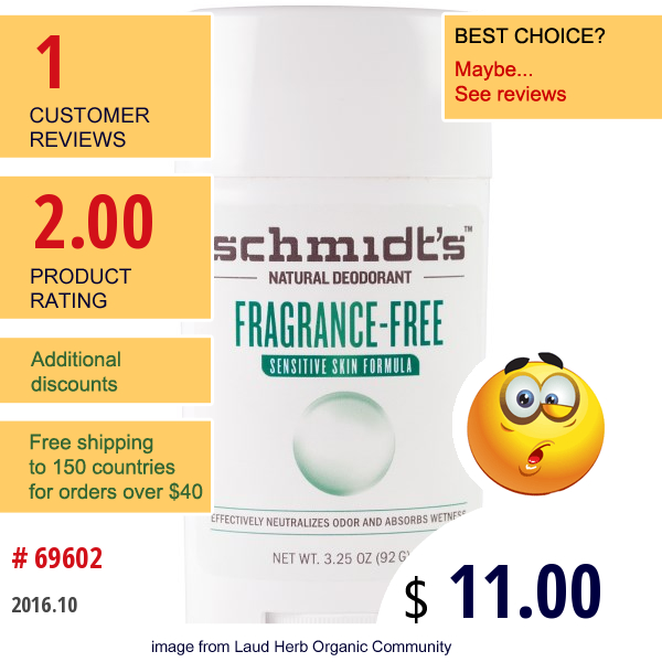 Schmidts Natural Deodorant, Sensitive Skin Formula, Fragrance-Free, 3.25 Oz (92 G)
