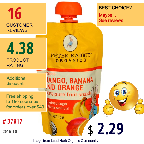 Peter Rabbit Organics, Organic, 100% Pure Fruit Snack, Mango, Banana And Orange, 4 Oz (113 G)