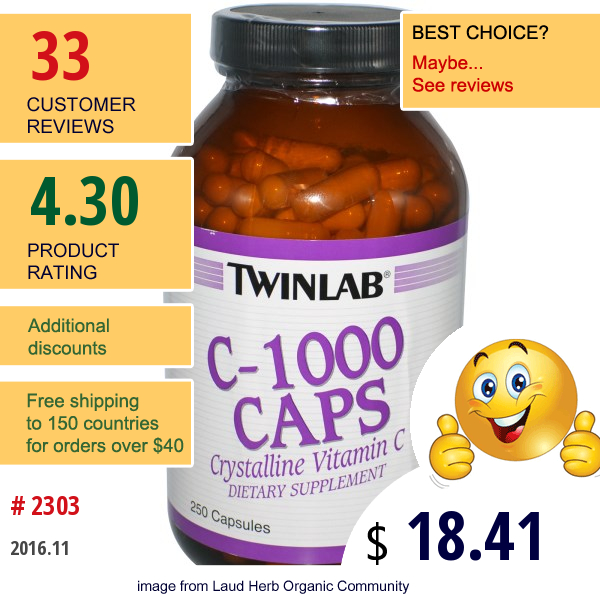 Twinlab, C-1000 Caps, Crystalline Vitamin C, 1000 Mg, 250 Capsules  
