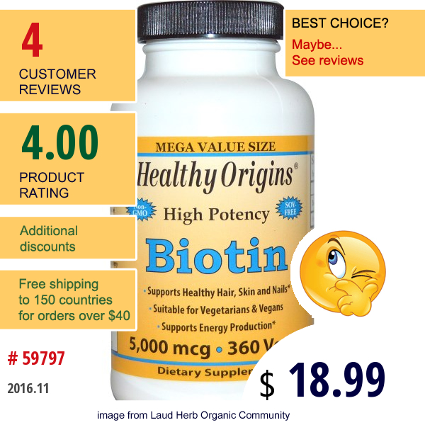 Healthy Origins, Biotin, High Potency, 5,000 Mcg, 360 Vcaps
