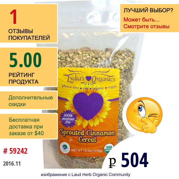 Lydias Organics, Пророщенные Злаки С Корицей, 15,5 Унций (439 Г)  