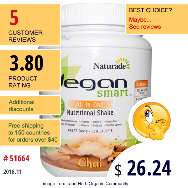 Naturade, Vegansmart, All-In-One Nutritional Shake, Chai, 22.8 Oz (645 G)  