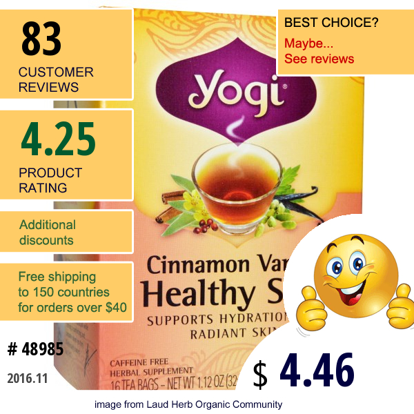 Yogi Tea, Healthy Skin, Caffeine Free, Cinnamon Vanilla, 16 Tea Bags, 1.12 Oz (32 G) Yogi Tea, Healthy Skin, Caffeine Free, Cinnamon Vanilla, 16 Tea Bags, 1.12 Oz (32 G)