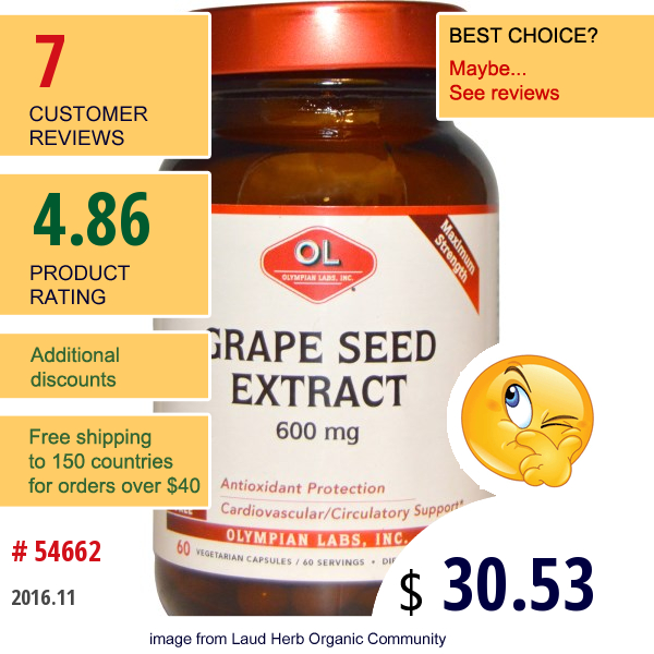 Olympian Labs Inc., Grape Seed Extract, Maximum Strength, 600 Mg, 60 Veggie Caps