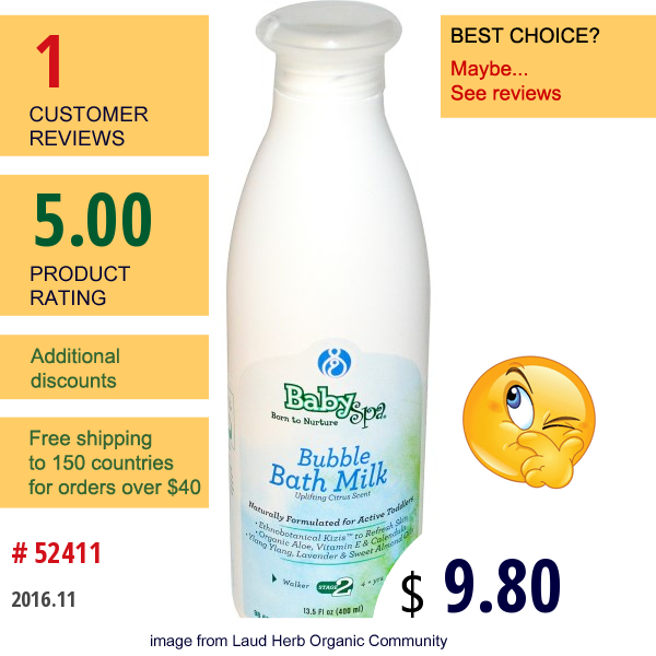 Babyspa, Bubble Bath Milk, Stage 2, 4+ Years, Uplifting Citrus Scent, 13.5 Fl Oz (400 Ml)  