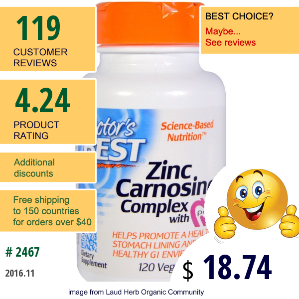 Doctors Best, Zinc-Carnosine Complex With Pepzin Gl, 120 Veggie Caps