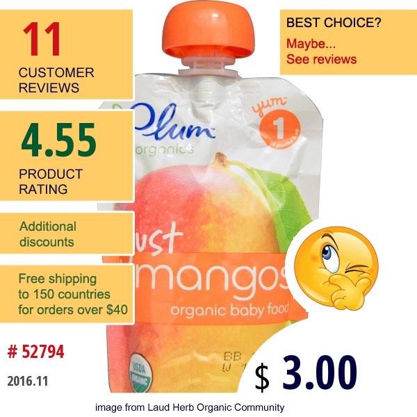 Plum Organics, Organic Baby Food, Just Mangos, 3.5 Oz (99 G)