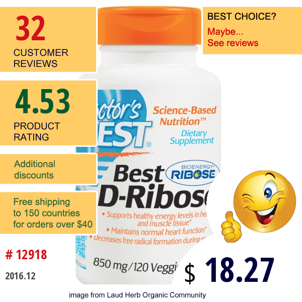 Doctors Best, Best D-Ribose, 850 Mg, 120 Veggie Caps