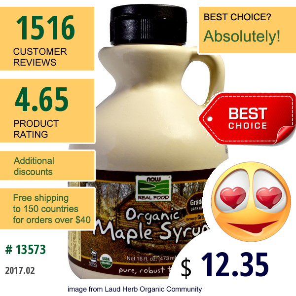 Now Foods, Organic Maple Syrup, Grade A, Dark Color, 16 Fl Oz (473 Ml)