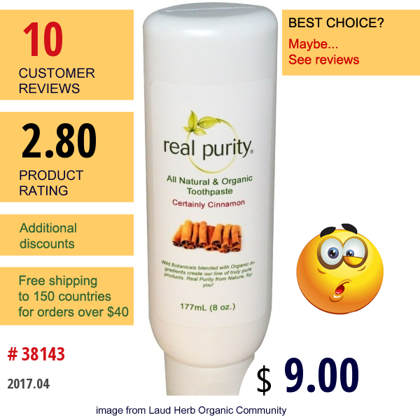 Real Purity, All Natural & Organic Toothpaste, Certainly Cinnamon, 8 Oz (177 Ml)  