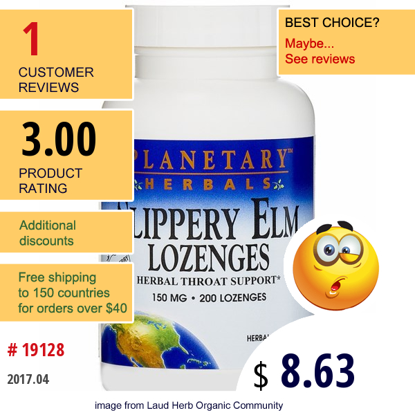 Planetary Herbals, Slippery Elm Lozenges, Strawberry Flavor, 150 Mg, 200 Lozenges  