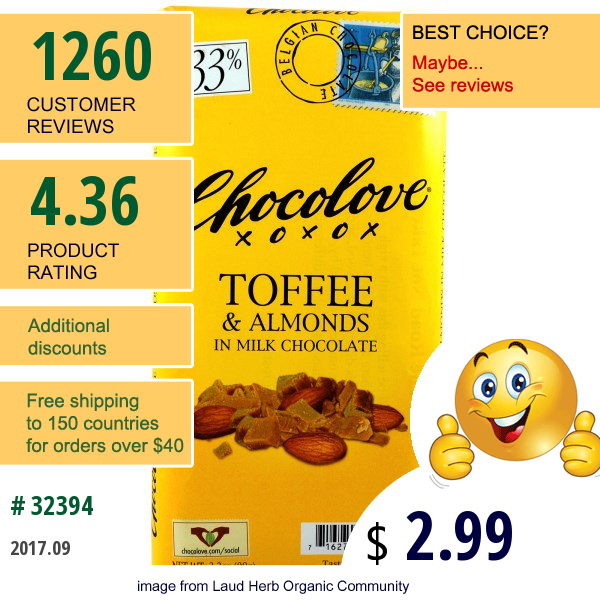 Chocolove, Toffee & Almonds In Milk Chocolate, 3.2 Oz (90 G)