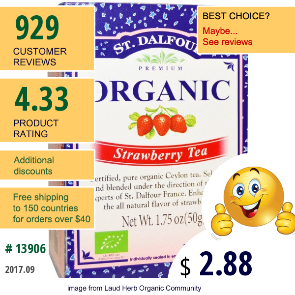St. Dalfour, Organic Strawberry Tea, 25 Envelopes, 1.75 Oz (50 G)