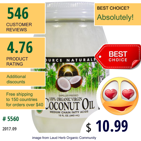 Source Naturals, 100% Organic Virgin, Coconut Oil, 15 Fl Oz. (443 Ml)