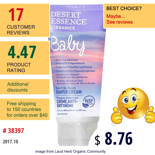 Desert Essence, Organics, Baby, Dont Be Rash Diaper Cream, Fragrance Free, 3 Fl Oz (89 Ml)  