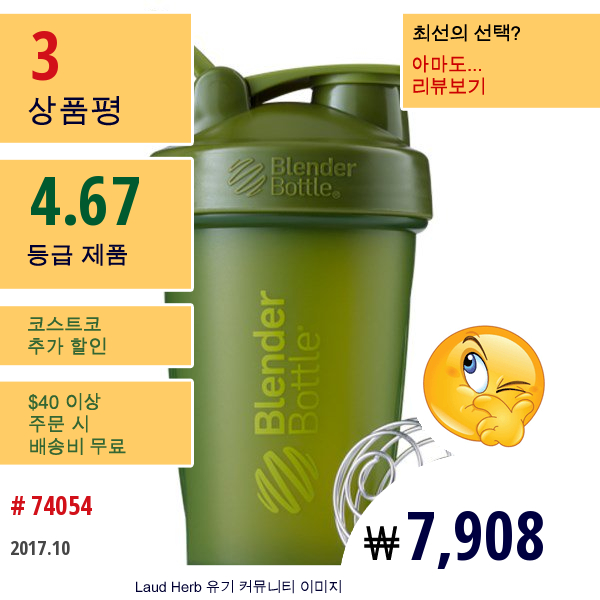 Sundesa, Blenderbottle(블렌더보틀), 고리달린 클래식, 모스 그린, 20 Oz