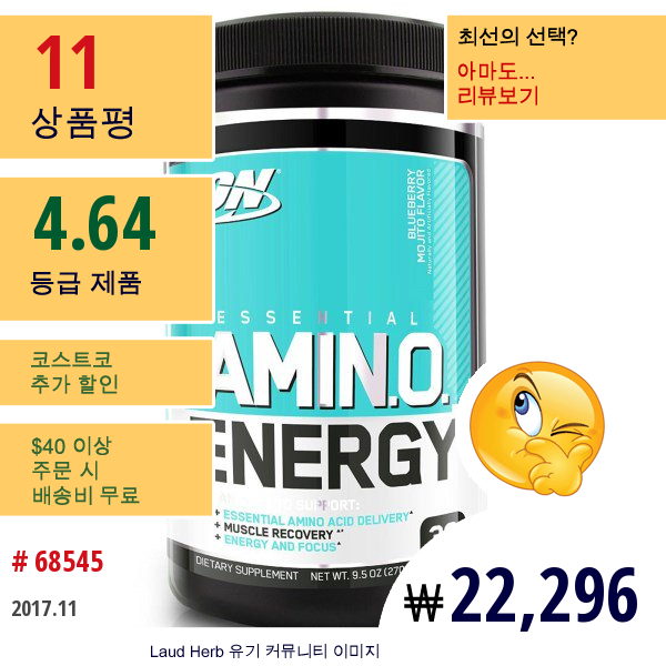 Optimum Nutrition, 에센셜 아미노 에너지(Essential Amino Energy), 블루베리 모지토 맛(Blueberry Mojito Flavor), 9.5 Oz (270 G)
