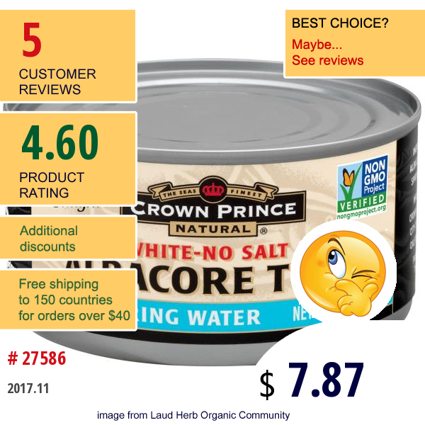 Crown Prince Natural, Albacore Tuna, Solid White-No Salt Added, In Spring Water, 12 Oz (340 G)