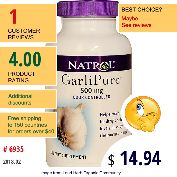 Natrol, Garlipure, Odor Controlled, 500 Mg, 200 Capsules  