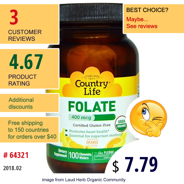 Country Life, Folate, Orange Flavor, 400 Mcg, 100 Chewable Wafers  