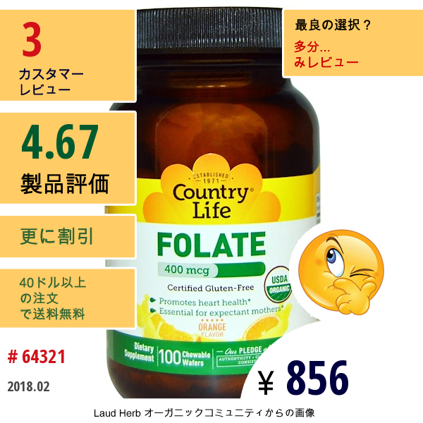 Country Life, フォレート、 オレンジフレーバー、 400 Mcg、 100 チュアブルウエハース  